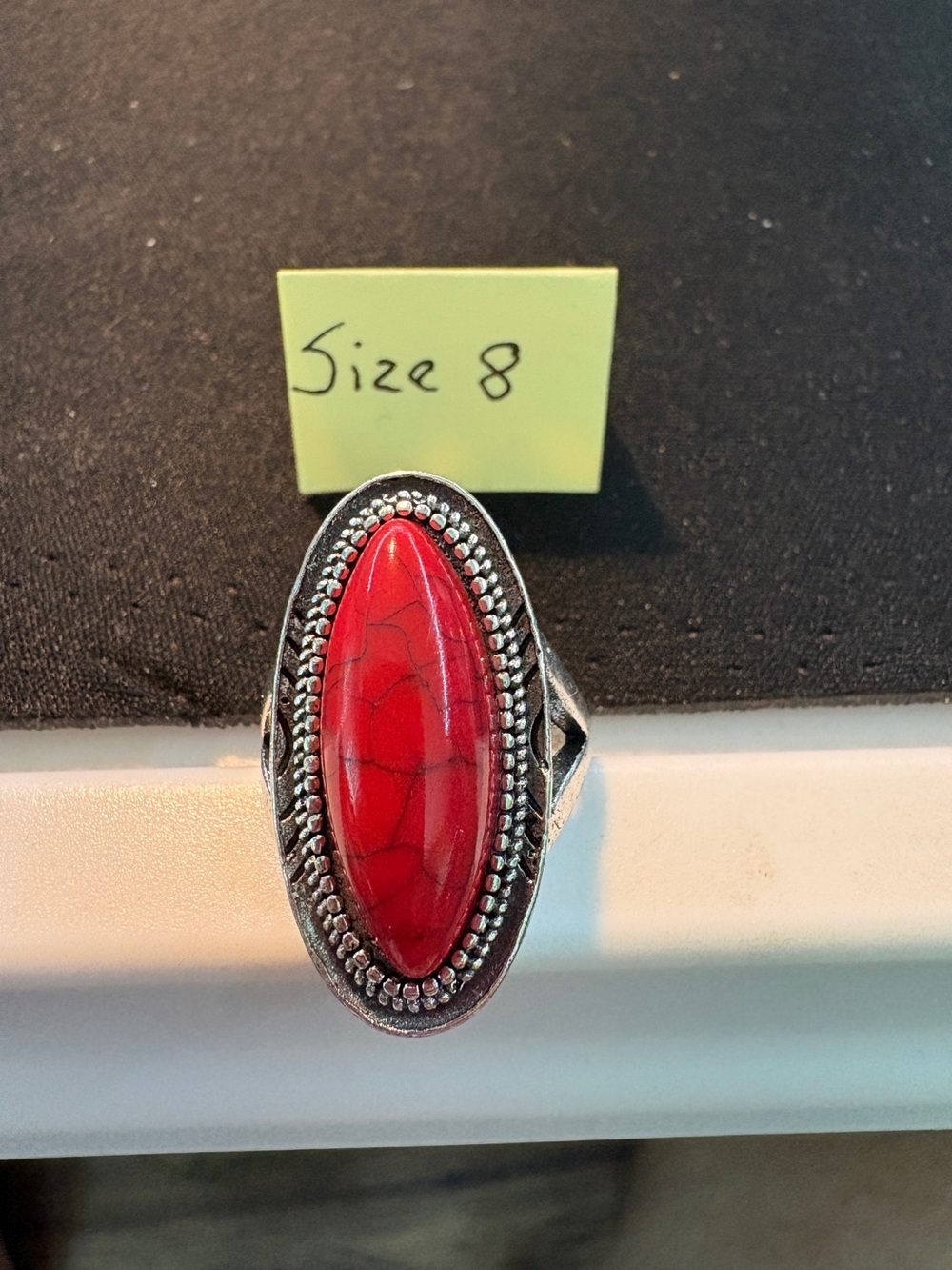 Red Oval Stone Silver-Tone Statement Ring - Size 8